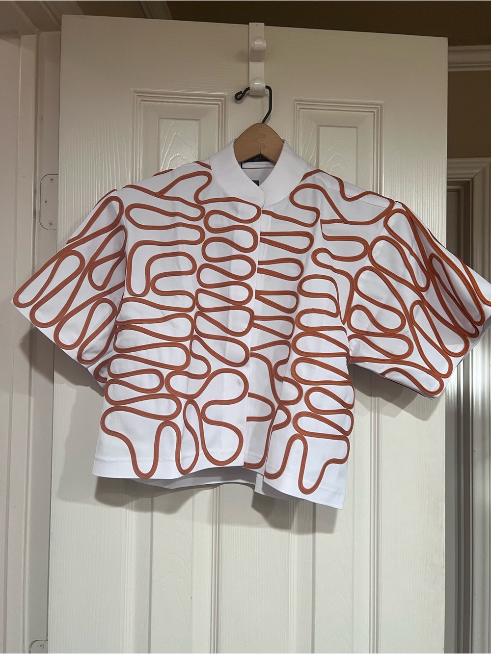 White Cropped Short Sleeve Blouse with Rust Orange Soutache Cord Ribbon Applique